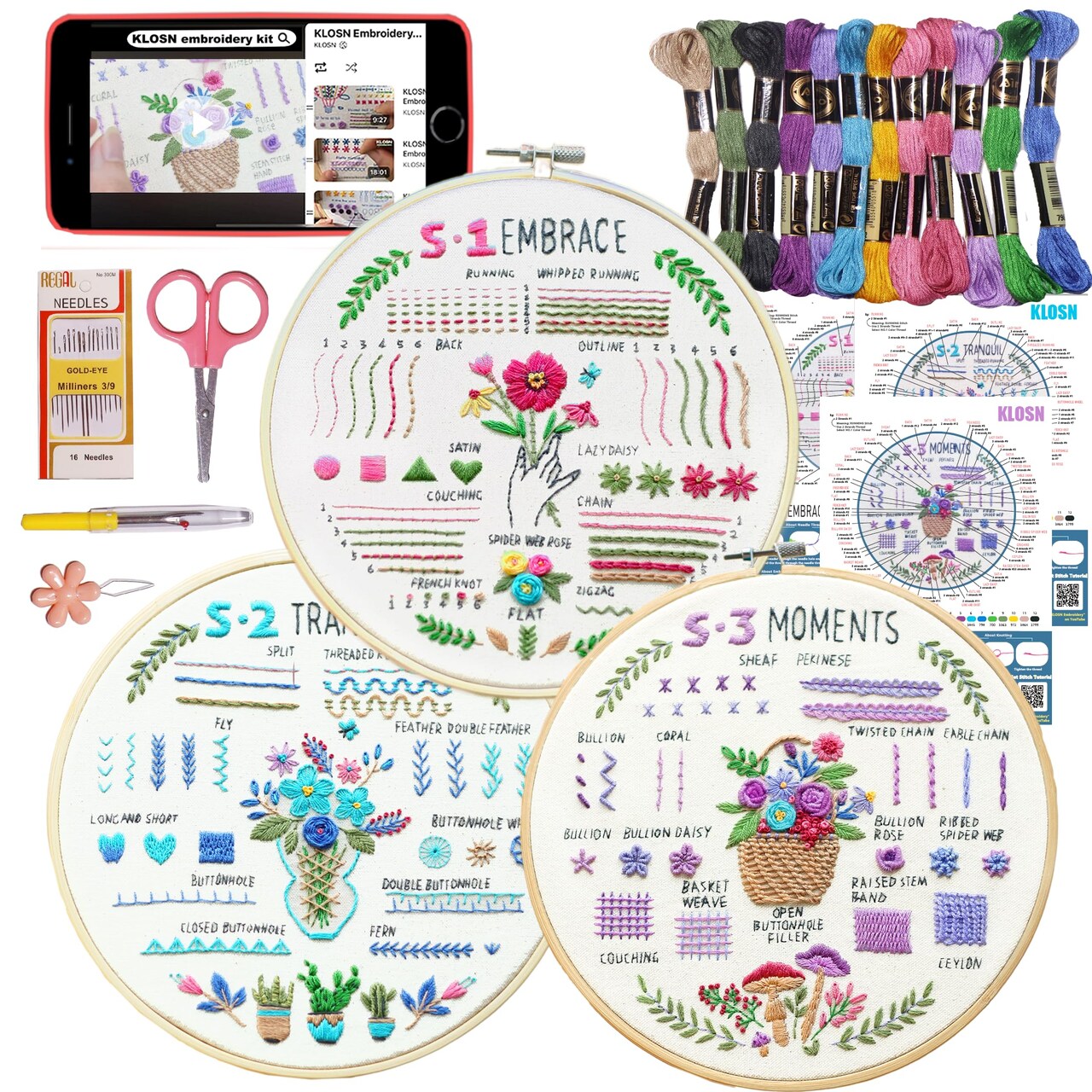 3 Sets Embroidery Kit for Beginners, 37 Embroidery Stitch Kits Adults Beginner with Embroidery Patterns, Punch Needle Point Kits Adults Including Embroidery Supplies and Instruction Video